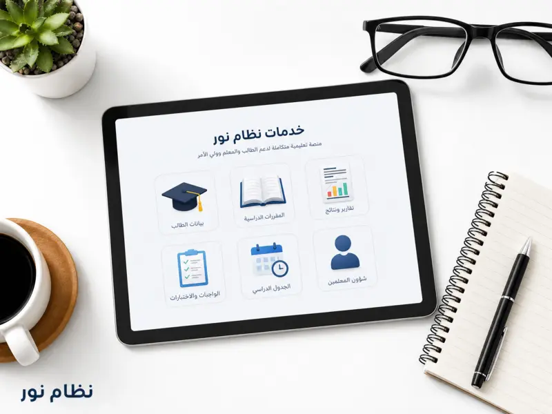جهاز لوحي يعرض أيقونات تمثل خدمات نظام نور التعليمية المتنوعة.