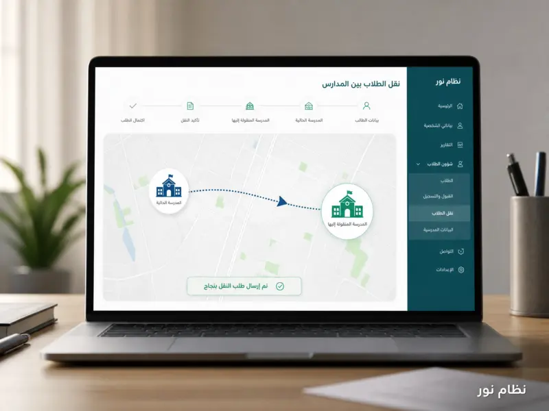شاشة حاسوب تعرض خريطة توضح عملية نقل الطلاب عبر نظام نور بين المدارس.
