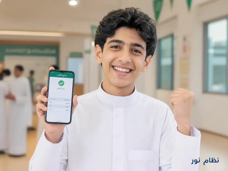 طالب سعودي سعيد يعرض نتائج الطلاب في نظام نور على هاتفه الذكي.