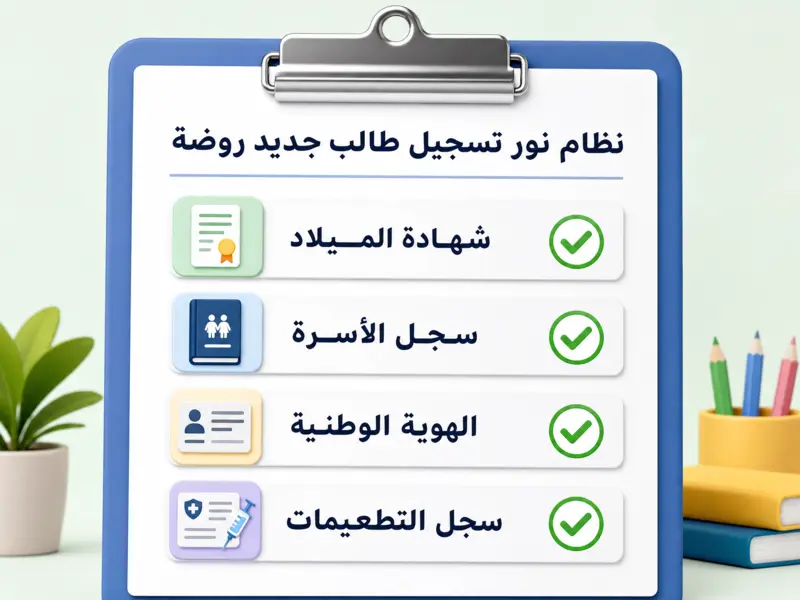 قائمة مرئية توضح المستندات والأوراق المطلوبة عند استخدام نظام نور تسجيل طالب جديد روضة.