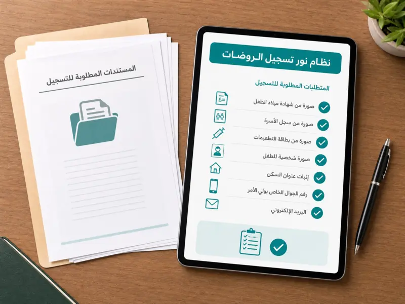 قائمة المستندات المطلوبة لتسجيل الأطفال عبر نظام نور تسجيل الروضات معروضة على جهاز لوحي.