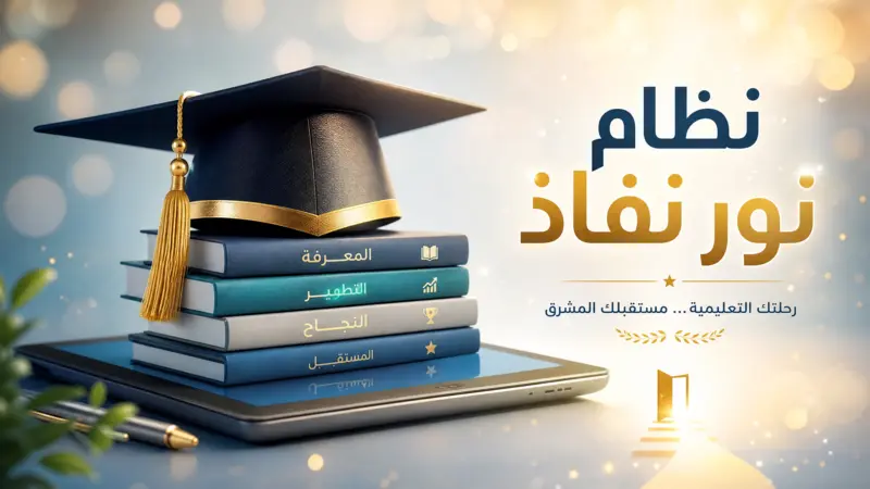 قبعة تخرج على كتب رقمية مع نص "نظام نور نفاذ"، ترمز للنجاح التعليمي.