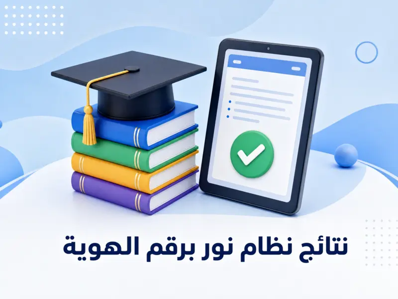 أيقونات ثلاثية الأبعاد تمثل الخدمات التعليمية ونتائج نظام نور برقم الهوية.