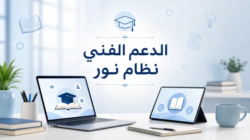 الدعم الفني نظام نور - صورة بطل لبيئة عمل تعليمية حديثة مع أجهزة إلكترونية.