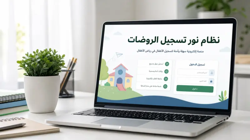 واجهة نظام نور تسجيل الروضات على شاشة لابتوب في مكتب عمل منظم.