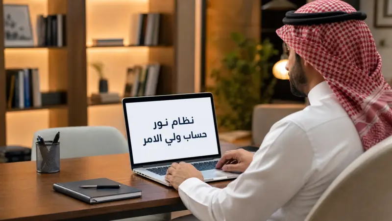 ولي أمر سعودي يستخدم نظام نور حساب ولي الامر عبر اللابتوب لمتابعة الأبناء