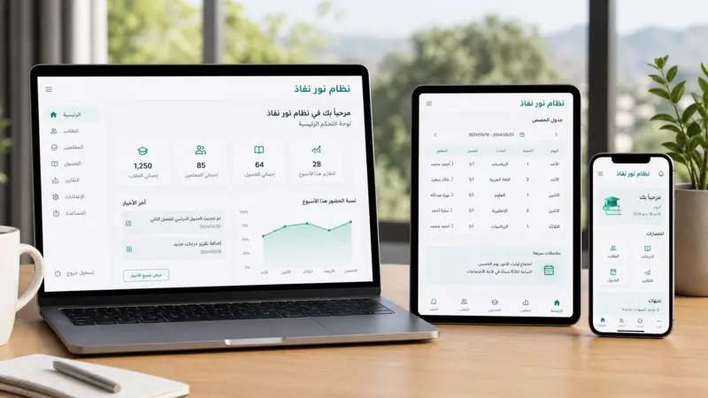 أجهزة رقمية متعددة (كمبيوتر محمول، لوحي، هاتف) تعرض نظام نور نفاذ على طاولة خشبية.