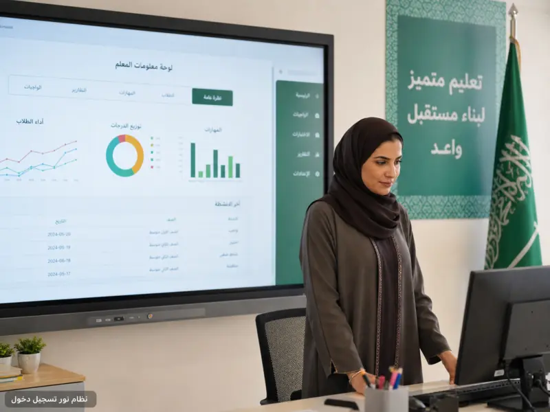 معلمة تستخدم الحاسوب في الفصل للوصول إلى نظام نور تسجيل دخول وإدارة الطلاب.