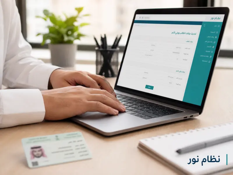 شخص يقوم بتحديث بيانات الطالب وولي الأمر في نظام نور عبر الحاسوب المحمول.