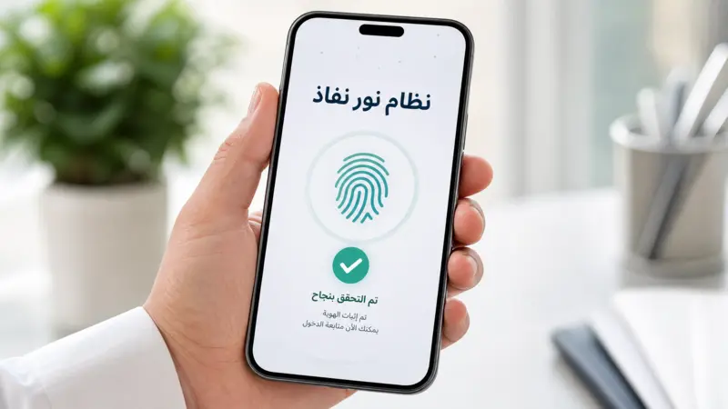 يد تحمل هاتفًا ذكيًا يعرض واجهة تسجيل دخول آمنة لنظام نور نفاذ مع بصمة الإصبع.