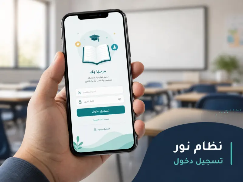يد تحمل هاتفاً ذكياً يظهر واجهة تطبيق نظام نور تسجيل دخول بشكل عصري.