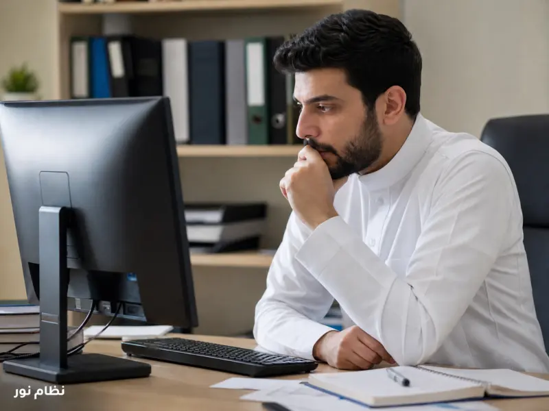 شخص يفكر أمام شاشة الحاسوب أثناء محاولة حل مشاكل التسجيل في نظام نور.