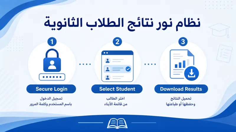 إنفوجرافيك يوضح خطوات الاستعلام عن نظام نور نتائج الطلاب الثانوية برقم الهوية.