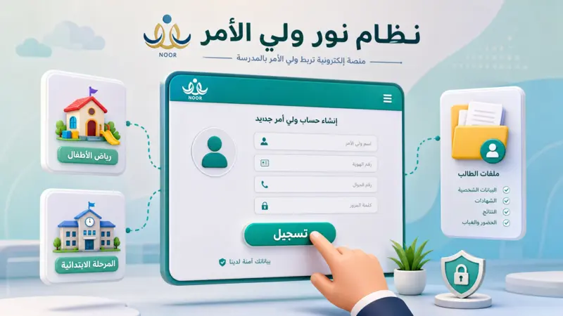 رسم توضيحي لعملية تسجيل حساب جديد في نظام نور ولي الأمر للطلاب