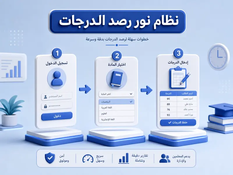 رسم توضيحي يوضح خطوات رصد الدرجات في نظام نور بشكل مبسط ومنظم.