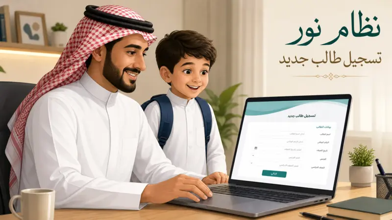 أب سعودي يقوم بعملية نظام نور تسجيل طالب جديد لابنه عبر الكمبيوتر