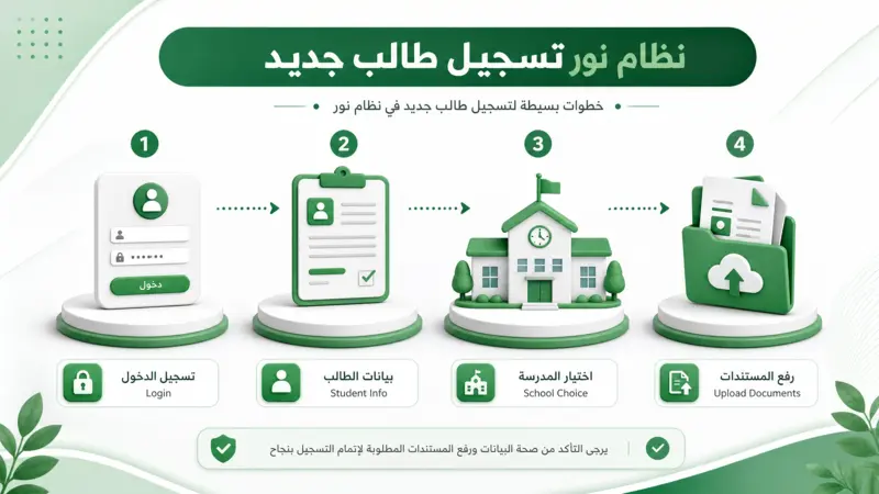 إنفوجرافيك يوضح خطوات نظام نور تسجيل طالب جديد بالتفصيل