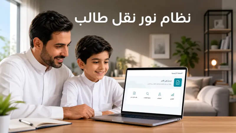 ولي أمر وطالب يستخدمان نظام نور لنقل الطالب إلكترونياً عبر الكمبيوتر