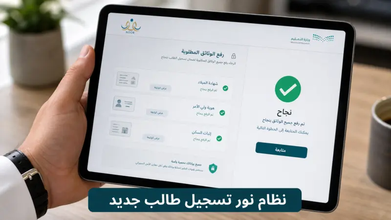 شاشة تابلت تظهر نجاح رفع وثائق نظام نور تسجيل طالب جديد
