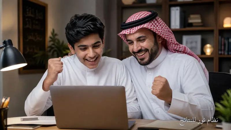 طالب ووالده سعيدان يتفحصان نتائج نظام نور للنتائج على اللابتوب