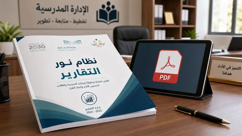 تقرير أكاديمي مطبوع بجانب جهاز لوحي يعرض أيقونة PDF، مع نص "نظام نور التقارير" على الوثيقة المطبوعة.