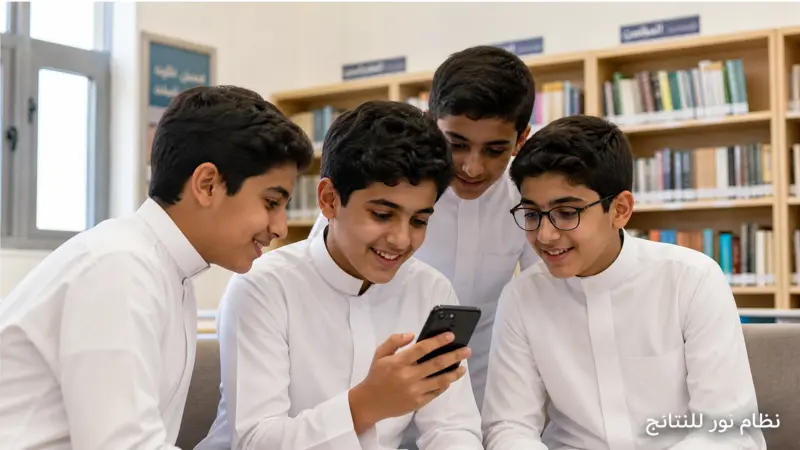 طلاب يتصفحون نتائج نظام نور للنتائج على الهاتف