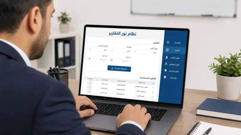 شخص يستخدم كمبيوتر محمول يعرض واجهة نظام نور التقارير مع خيار استخراج التقارير، ونص "نظام نور التقارير" على الشاشة.