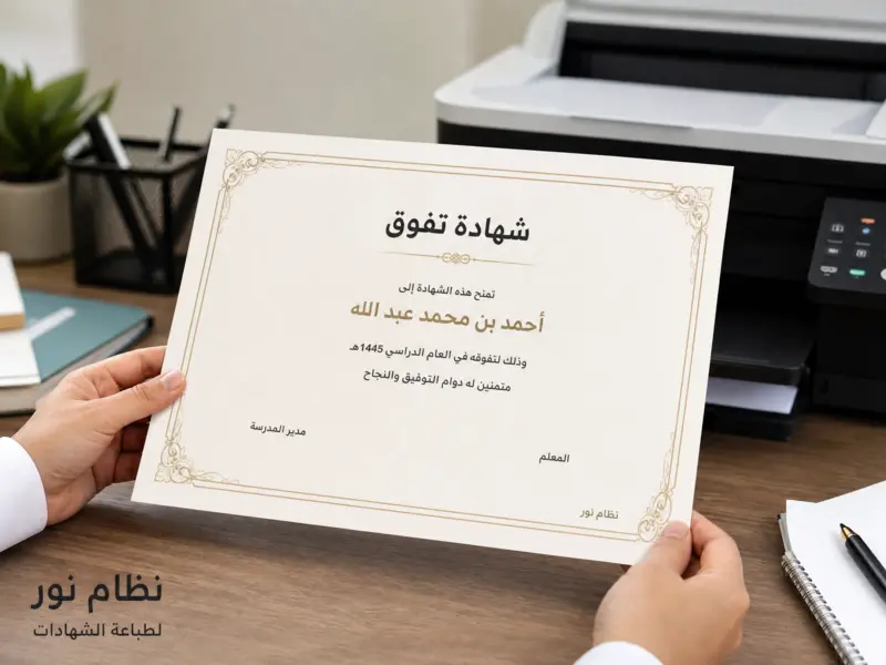 شخص يحمل شهادة دراسية مطبوعة بعد استخراجها من نظام نور.