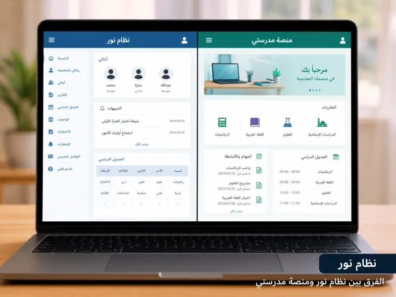 شاشة مقسمة تعرض واجهتين تعليميتين لتوضيح الفرق بين نظام نور ومنصة مدرستي.
