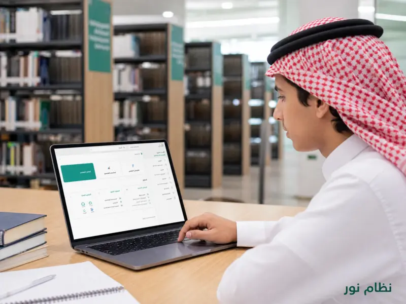 طالب سعودي يستخدم حاسوباً محمولاً للوصول إلى منصة نظام نور التعليمية.