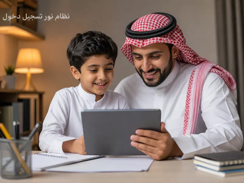 أب وابنه يستخدمان تابلت للوصول إلى نظام نور تسجيل دخول لمتابعة الدرجات.