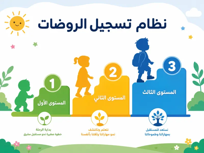 إنفوجرافيك يوضح مستويات القبول الثلاثة في نظام نور تسجيل الروضات حسب عمر الطفل.