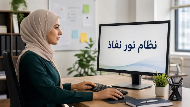 معلمة تستخدم جهاز كمبيوتر مكتبي يعرض نظام نور نفاذ في بيئة عمل احترافية.