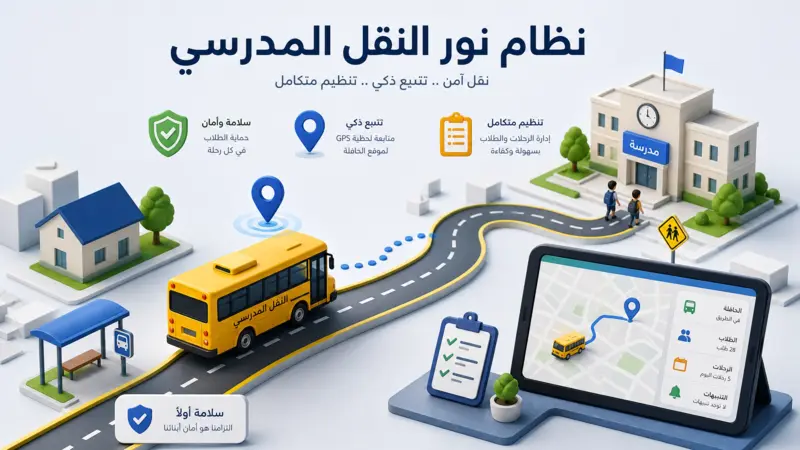 مخطط توضيحي لخدمات نظام نور النقل المدرسي التي تشمل السلامة وتتبع الحافلات.