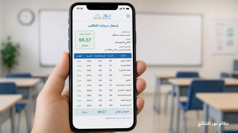 تقرير درجات طالب على هاتف ذكي من نظام نور للنتائج