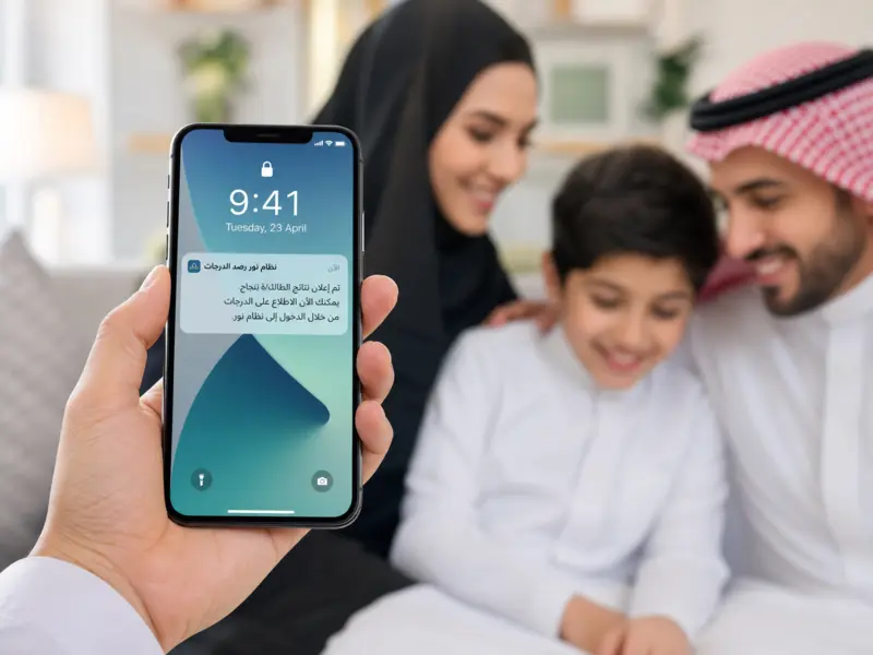 ولي أمر يتابع نتائج ابنه عبر تطبيق نظام نور رصد الدرجات على الهاتف المحمول.