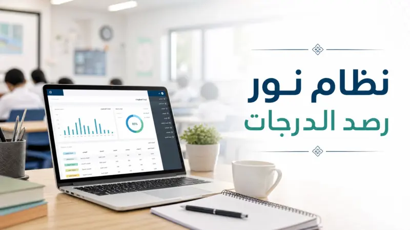 واجهة نظام نور رصد الدرجات على جهاز كمبيوتر محمول في بيئة تعليمية احترافية.