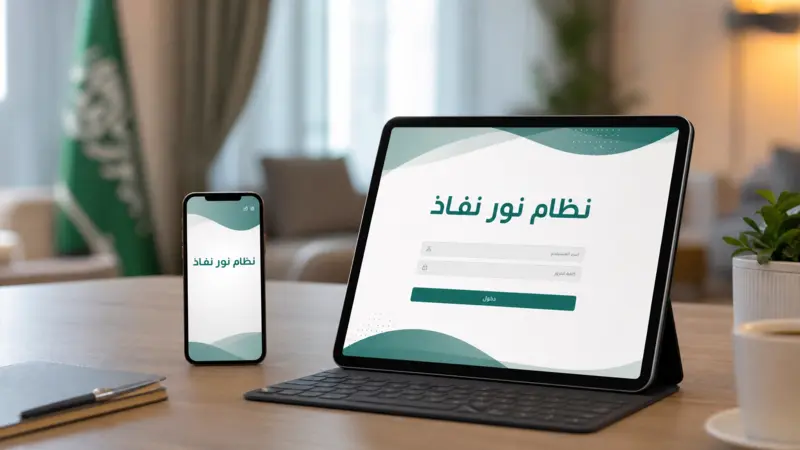 واجهة تسجيل الدخول لنظام نور نفاذ على تابلت وهاتف ذكي، تبرز الأمان والوصول السريع.