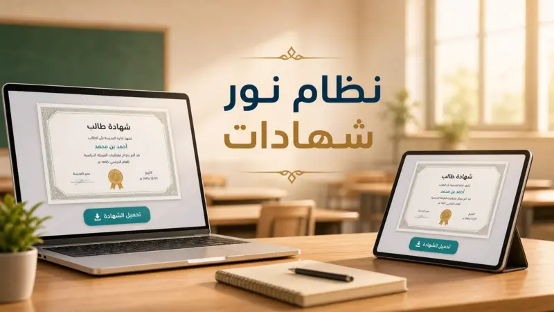 واجهة رقمية توضح طريقة استخراج نظام نور شهادات عبر الأجهزة الذكية.