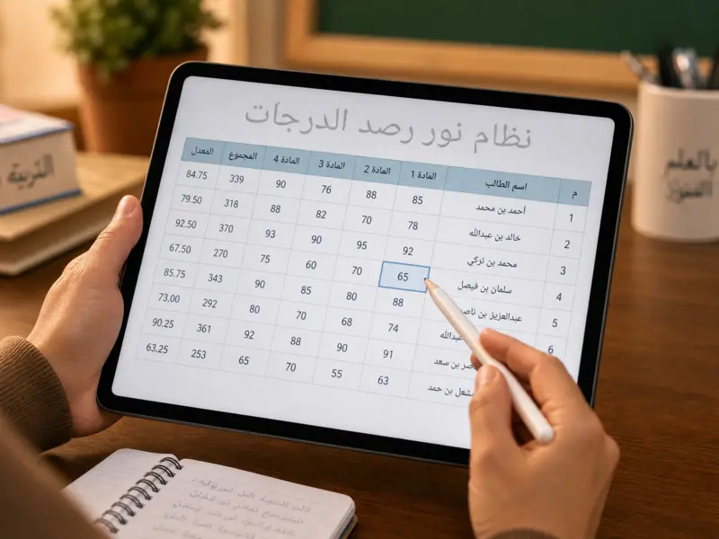 معلم يقوم بإدخال درجات الطلاب عبر جهاز لوحي في نظام نور رصد الدرجات.