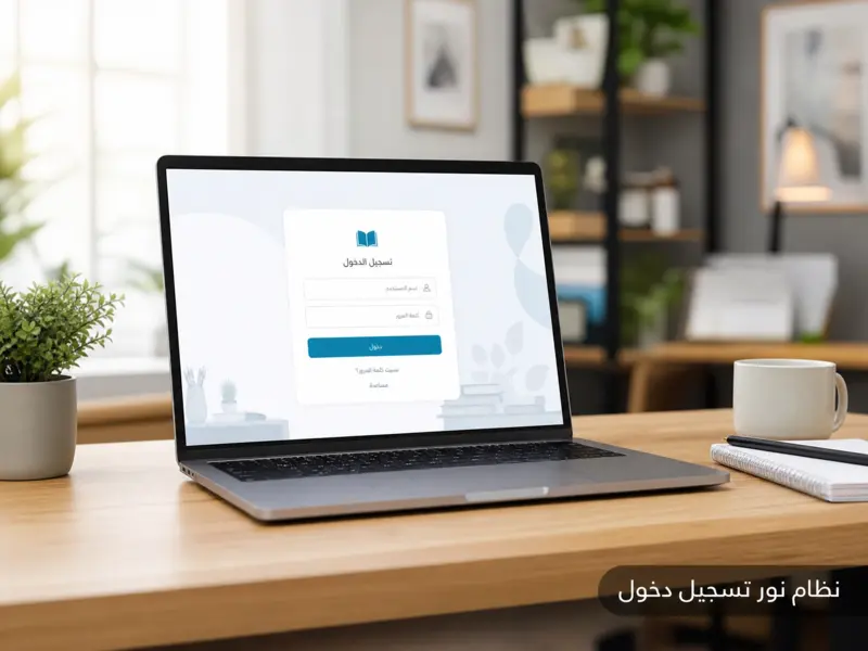 لابتوب يعرض صفحة نظام نور تسجيل دخول على مكتب خشبي حديث.