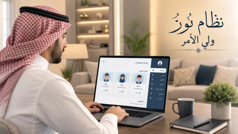 أب سعودي يستخدم اللابتوب للدخول إلى نظام نور ولي الأمر ومتابعة بيانات الطلاب